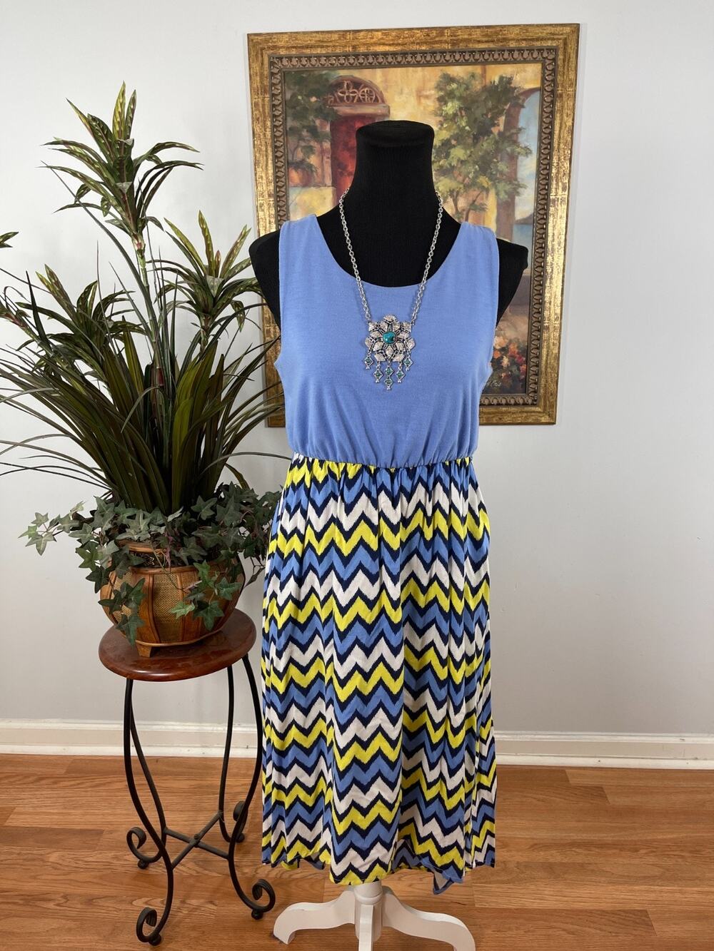 Mymichelle Maxi Dress Women's Size 16 Blue Chevron Sleeveless Nautical Eclectic